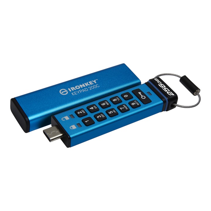 Kingston Technology IronKey Keypad 200 USB flash meghajtó 256 GB USB C-típus 3.2 Gen 1 (3.1 Gen 1) Kék (IKKP200C/256GB)