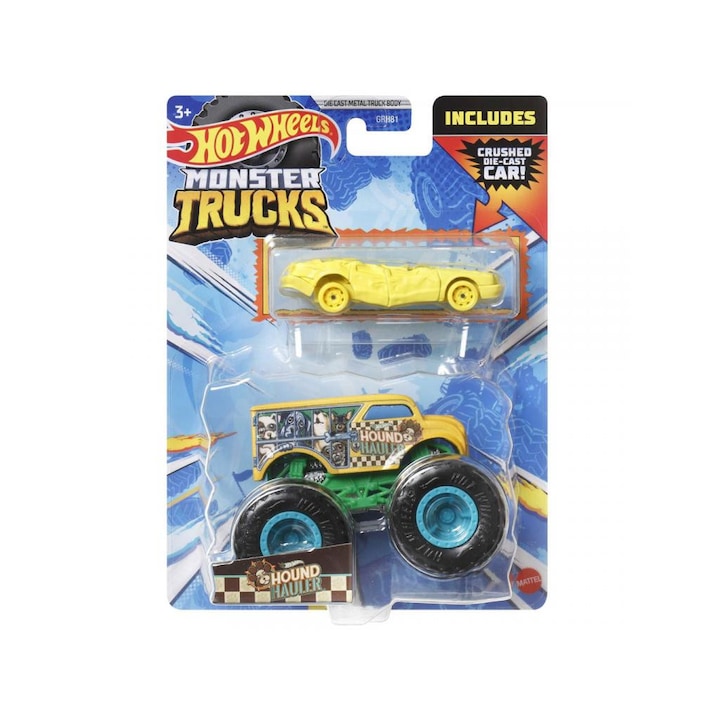 Masinuta Hot Wheels, Mattel, Plastic, Monster Trucks: Hound Hauler monster mini masina + cadou HotWheels, 1/64, Multicolor