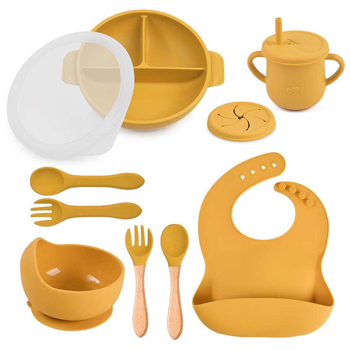 Set Diversificare Bebe din Silicon, 8 Piese, Baveta, Farfurie cu Capac, Bol, 2 Lingurite, 2 Furculite si Cana, Mustar, Aida HER®