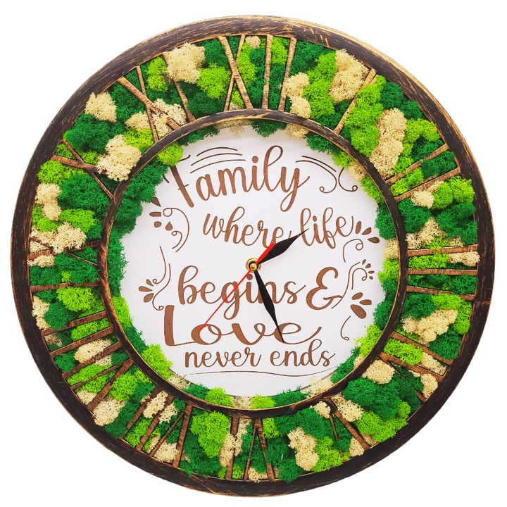 Ceas cu licheni "Family - where life begins and love never ends", 40 cm