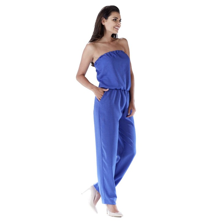 Salopeta cu umerii goi, Awama, Danbrada, S, Cer albastru, material cu structura de in, subliniaza silueta feminina, ideala pentru vara si intalniri in familie