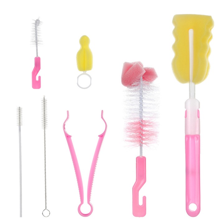 Set 7 perii biberoane, Yefound®, pentru Curatarea Biberoanelor, Tetinelor, Suzetelor si Paharelor, Roz