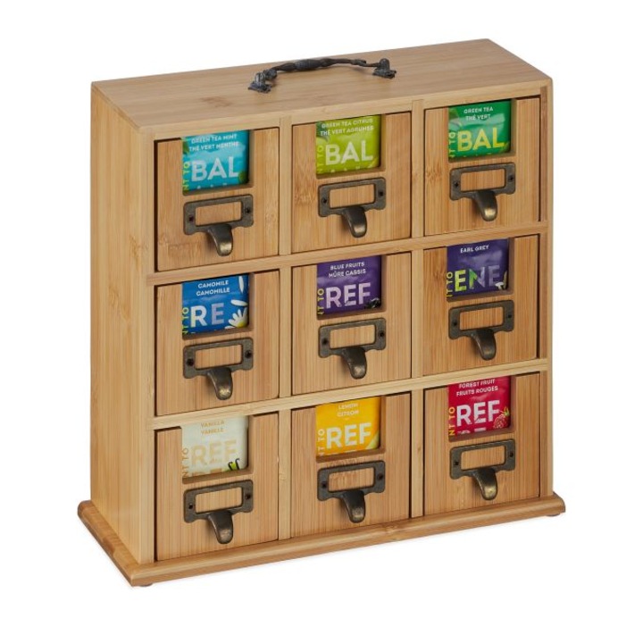 Кутия за чай, 9 подвижни чекмеджета, бамбук/желязо, 29 x 30 x 11,5 cm