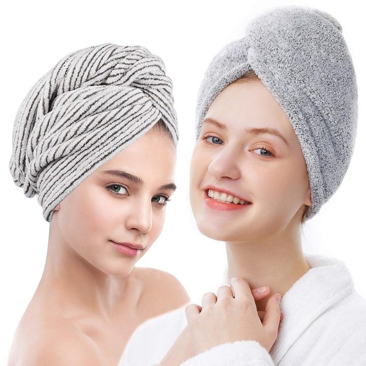 Комплект от 2 кърпи за коса, Longziming, микрофибър, сиво/бяло, 25x65 см