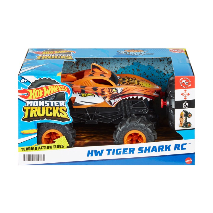 Masinuta cu telecomanda Mattel Hot Wheels Monster Tiger Shark Alpinista off-road Portocaliu