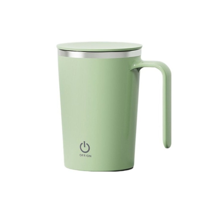 Intelligens bögre automatikus forgó keverővel, Mágneses, Termosz típusú, Fedővel, Rozsdamentes acél belsővel, Űrtartalom 400 ml, USB töltés, Fogantyúval, Vernil