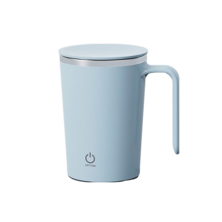 Cana inteligenta cu Amestecare Rotativa Automata, Magnetica, Tip termos, Cu capac, Interior din otel inoxidabil, Capacitate 400 ml, Incarcare USB, Cu maner, Albastru deschis