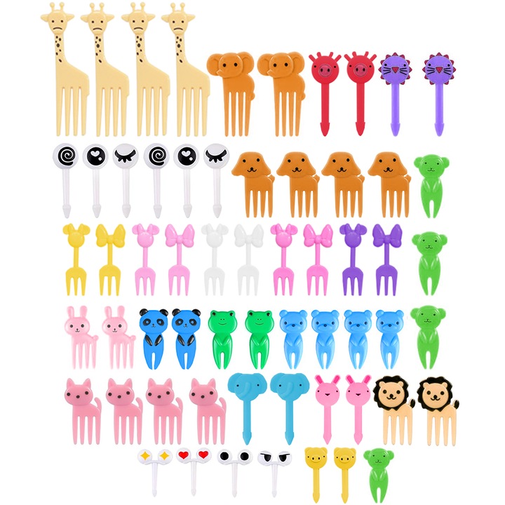 Set 60 mini furculite si scobitori decorative pentru tort, Yefound®, model animale pentru copii, ABS, pentru tort, fructe, desert, Multicolor
