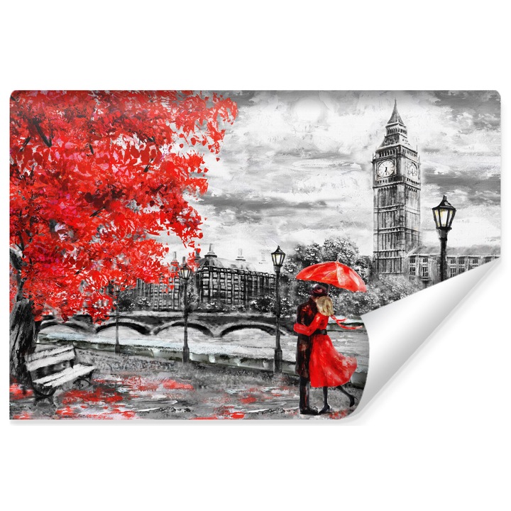 Fototapet Cuplu indragostit, femeie in palton rosu, Big Ben, decor de perete, pentru sufragerie 270 cm x 180 cm dormitor