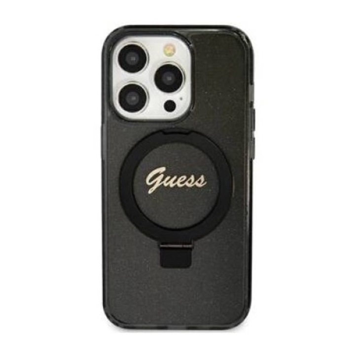 Telefontok Guess Ring Stand Script Glitter MagSafe, fekete, iPhone 11 / Xr 6.1" kemény tok