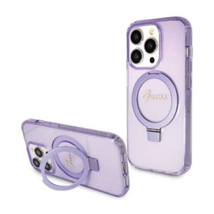 Tok, kompatibilis: iPhone 13 Pro/13 6,1", Guess, Ring Stand Script Glitter, MagSafe, lila, 110x210x23mm