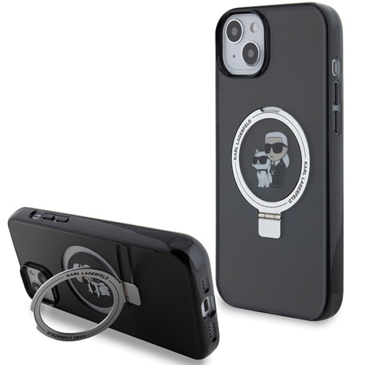 Tok iPhone 15 / iPhone 14 / iPhone 13 telefonokhoz - Karl Lagerfeld keménytokos gyűrűs állvány MagSafe (KLHMP14SHMRSKCK) - Karl&Choupette