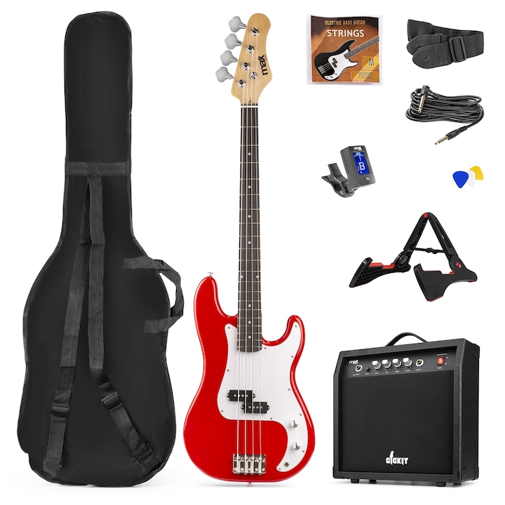 Set chitara bass cu amplificator 40W si geanta de transport, rosu, MAX GIGKIT