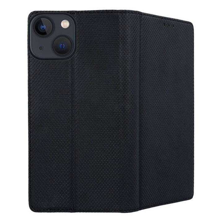 Калъф COMANDO, съвместим с Apple 14, Сгъваем, Магнитен, Екологична кожа, Тип портфейл карта, Пълна защита, Сигурен захват, Черен