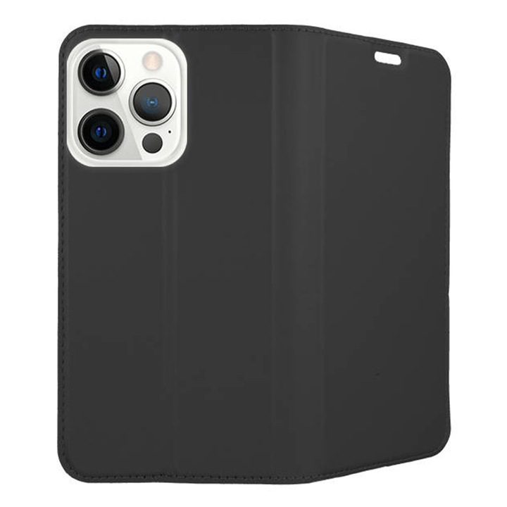 Калъф, съвместим с Apple iPhone 14 Pro, COMANDO Flip Magnet, Екологична кожа, Тип портфейл, Пълна защита, Сигурен захват, Черен