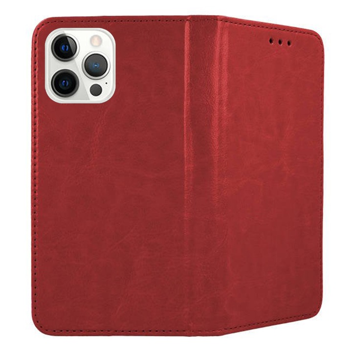 Husa compatibila cu Apple iPhone 13 Pro Max, COMANDO Flip Magnet, Piele ecologica, Tip carte portofel, Protectie completa, Aderenta sigura, Rosu