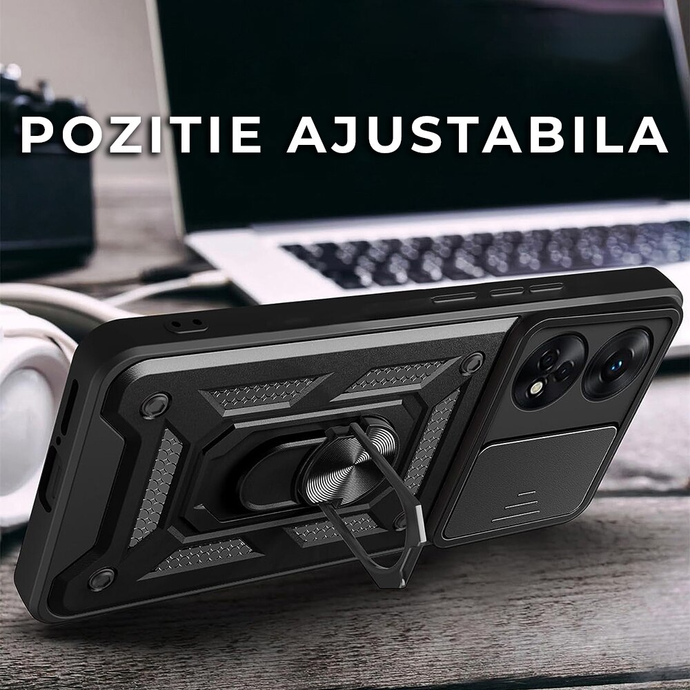 Husa pentru Oppo A98 5G Premium Hybrid Armor Kickstand, Slider Camera, Antisoc, Protectie Superioara, Negru