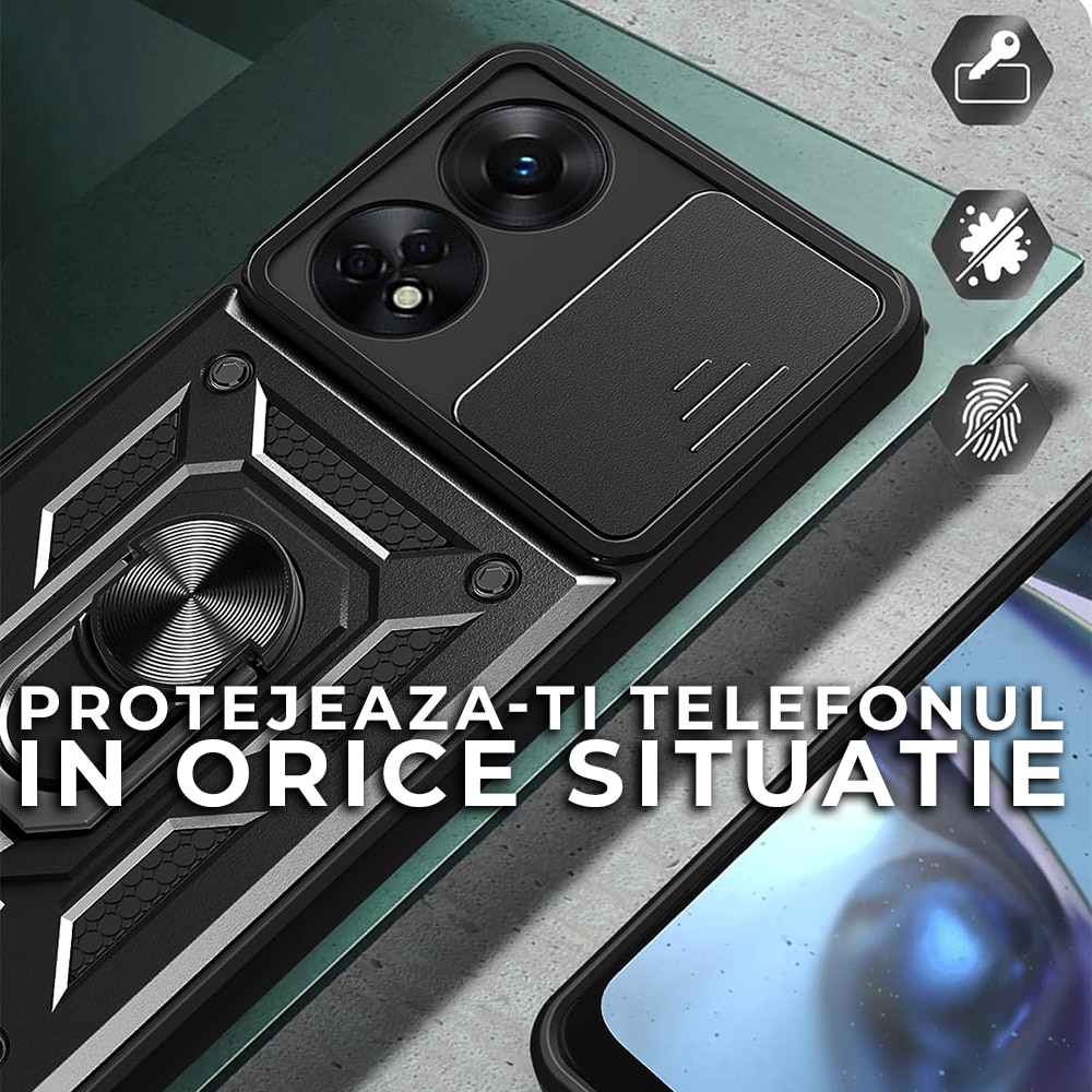 Husa pentru Oppo A98 5G Premium Hybrid Armor Kickstand, Slider Camera, Antisoc, Protectie Superioara, Negru