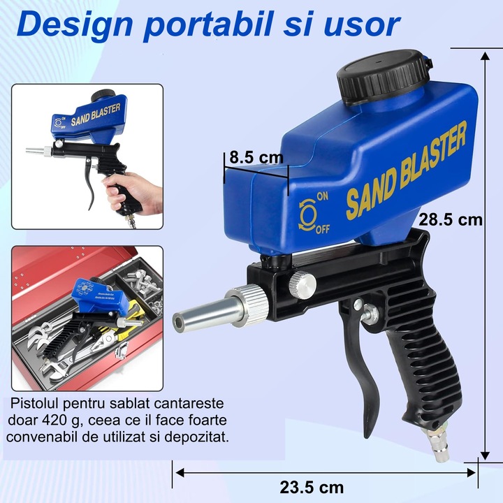Pistol pneumatic de sablat cu rezervor din plastic, multifunctional, portabil, conector inclus, indeparteaza petele de rugina, vopsea sau ulei, utilizare casnica sau profesionala, albastru