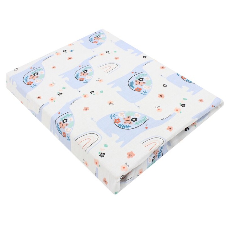 Cearceaf patut, bumbac, Elefant gri cu flori, multicolor, 120x60 cm