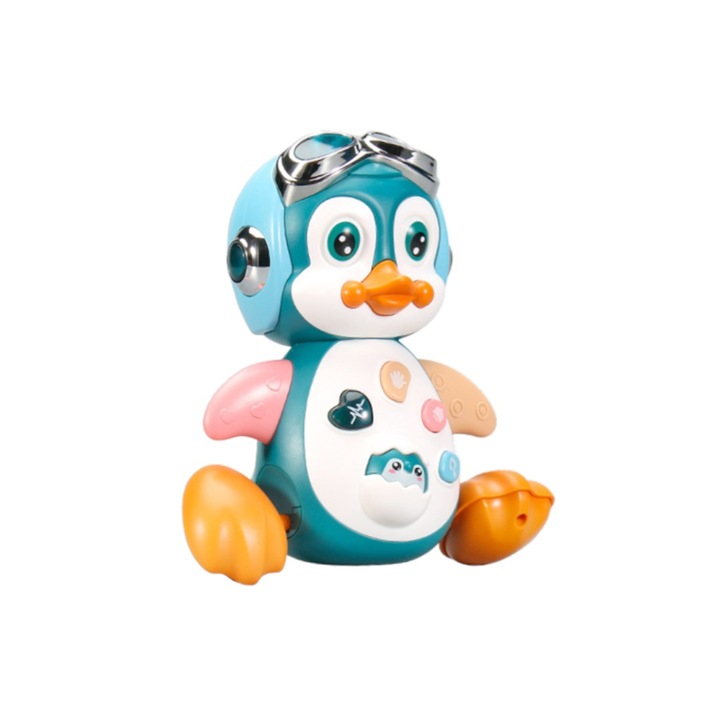 Jucarie interactiva cu lumini si sunet, model Pinguin dansator, pentru fete si baieti, muticolor, varsta 12 luni plus, dimensiune 16x15cm