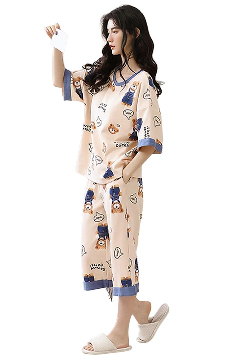 Pijama dama, set 2 piese, bluza maneca scurta cu dublura la piept si pantaloni trei sferturi, model cu ursuleti, tematica happy bear, EFAYN, Bej/Albastru