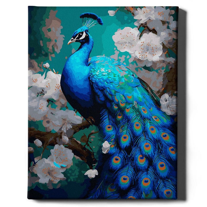 Set pictura pe numere, cu sasiu, Paun in flori, 40x50 cm