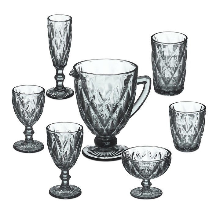 Set de 7 pahare in stil vintage, include ulcior, pahar de inghetata, pahar de sampanie, 2 pahare de apa si 2 pahare de vin, lavabile in masina de spalat vase, gri