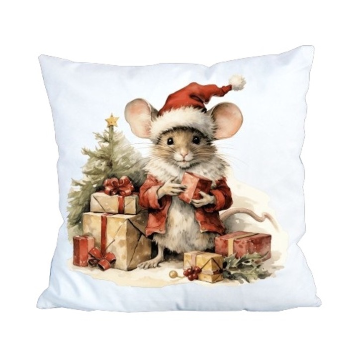 Perna decorativa de Craciun, cu umplutura, model soricel cu cadouri