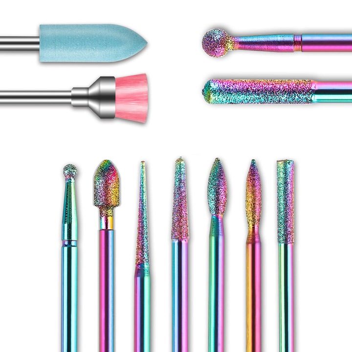 Set 11 buc capete freza unghii, Axroad Mall, Curatarea marginilor unghiilor si indepartarea pielii moarte, Lavabil, Cu cutie depozitare, Pentru salonul de frumusete, DIY acasa, Otel tungsten, Multicolor