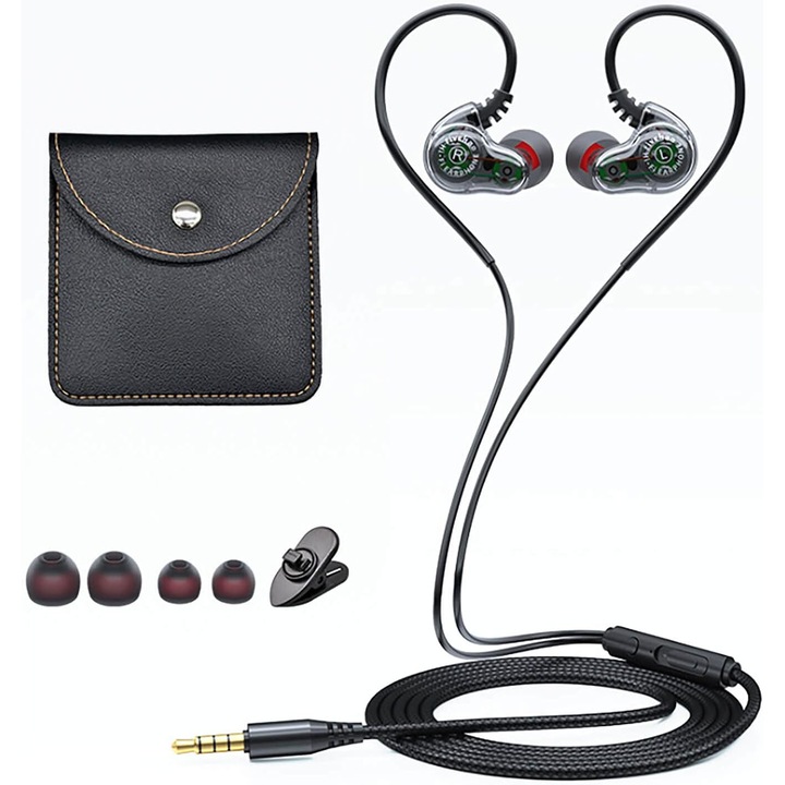 Casti cu fir in-ear sport, JENUOS®, 1BA+1DD, Unitate hibrida, HI-RES Audio, Monitor, Sport, Anularea zgomotulu, MIcrofon Negru Cristal