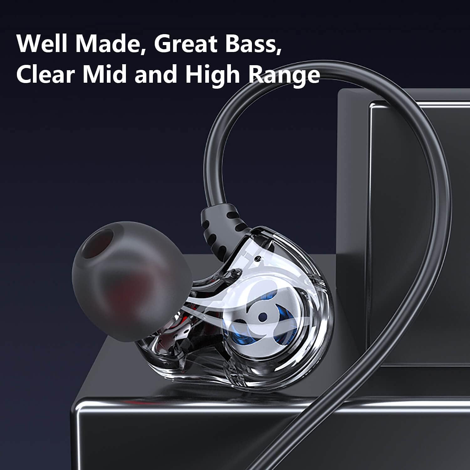Casti cu fir in-ear sport, JENUOS®, 1BA+1DD, Unitate hibrida, HI-RES Audio, Monitor, Sport, Anularea zgomotulu, MIcrofon Negru Cristal