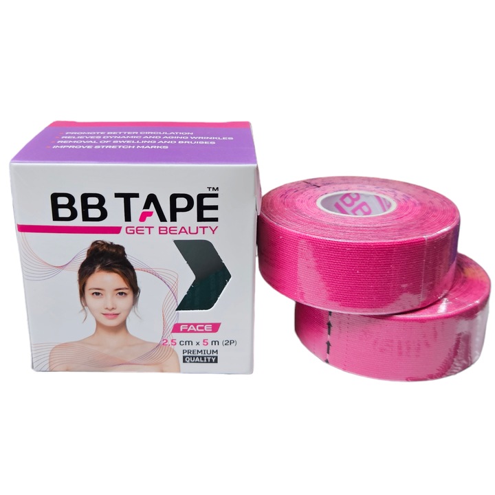 Кинезио лента за лице, BBTAPE, 2.5 см × 10 м, розов