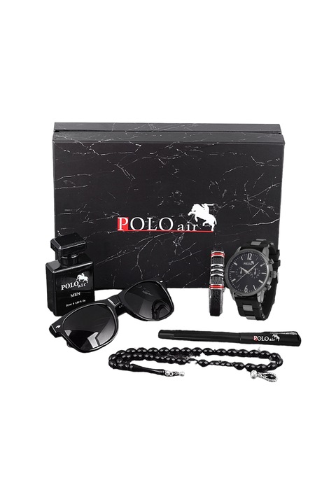 Мъжки комплект, Polo Air, Часовник, Слънчеви очила, 50 ml Парфюм, Гривна, Химилка, Броеницa, Черен