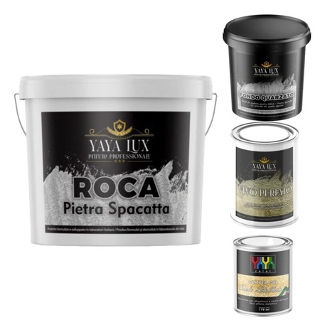 Kit Complet Tencuiala Decorativa Pietra Spaccata, Roca 24 kg, Fondo Quarzato 1L, Vivo Perlato 1L, Glitter Argento 170 ml