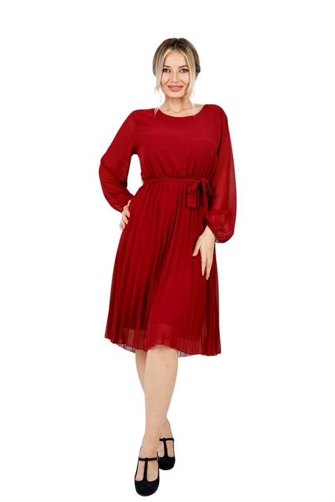 Зърнеста плисирана рокля с шнур на талията и дълги ръкави, Бордо, One Size