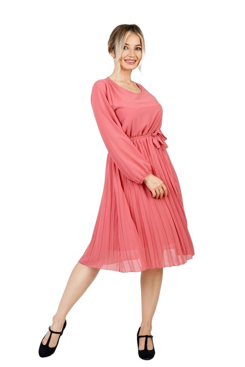 Плисирана рокля в розово сьомга с шнур на талията и дълги ръкави, Розово, One Size