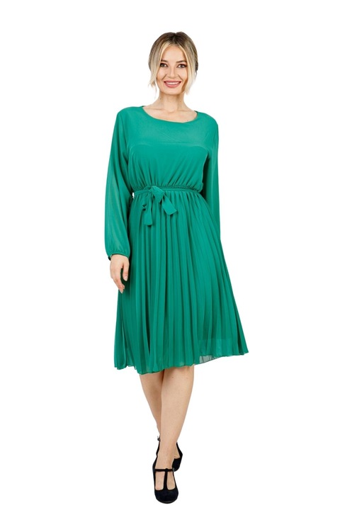 Изумруденозелена плисирана рокля с шнур на талията и дълги ръкави, Зелен, One Size