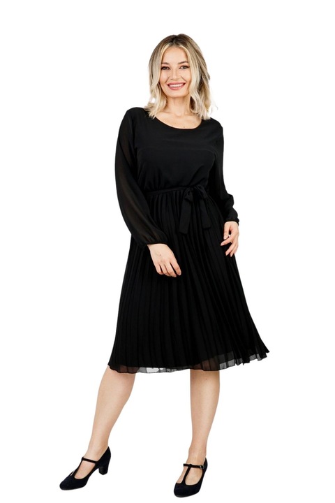 Черна плисирана рокля с колан на талията и дълги ръкави, Черен, One Size