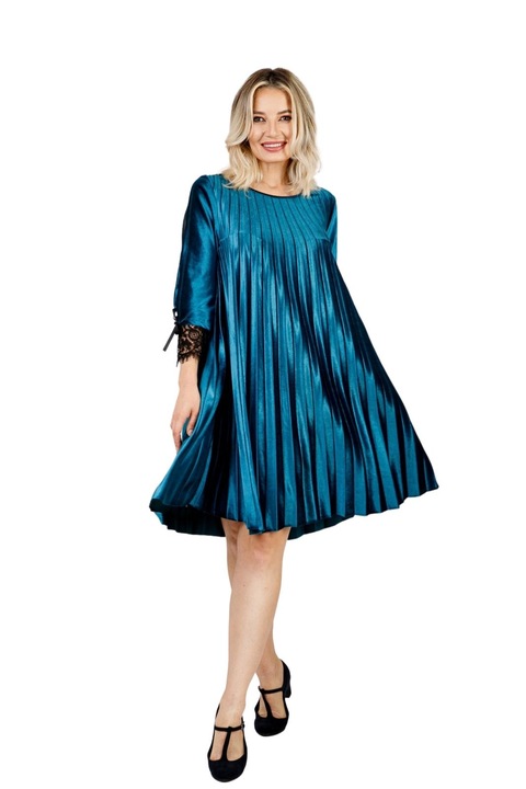 Светлотюркоазена плисирана кадифена рокля с дантелена вложка, Тюркоаз, One Size