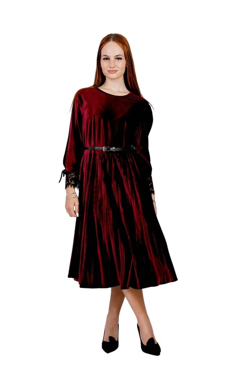 Плисирана кадифена рокля с дантела и колан на талията, Бордо, One Size