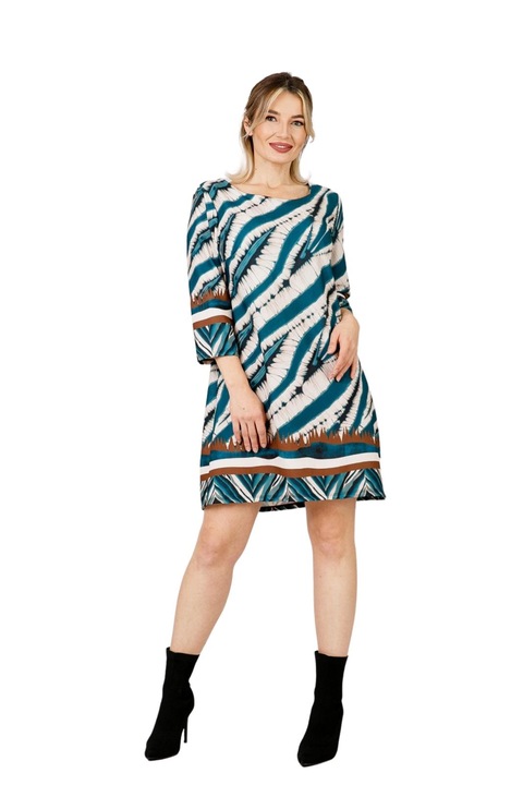 Кремава рокля с тюркоазени щампи и три четвърти ръкави, Крем, L