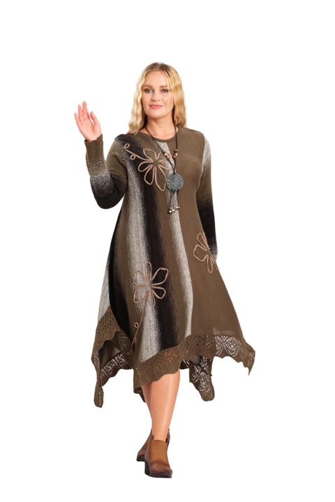 Бохо шик плетена рокля в цвят каки с асиметрична основа и флорален десен, Каки, One Size