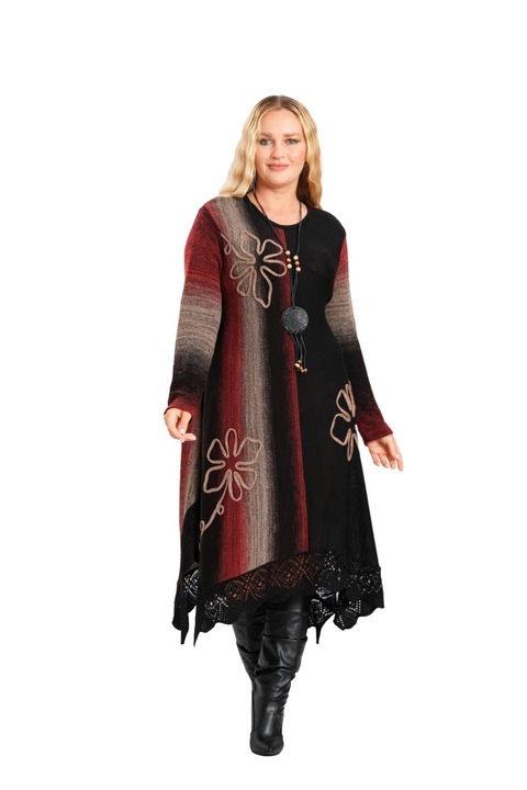 Rochie neagra boho chic tricotata cu baza asimetrica si model floral, Viscoza, One Size INTL