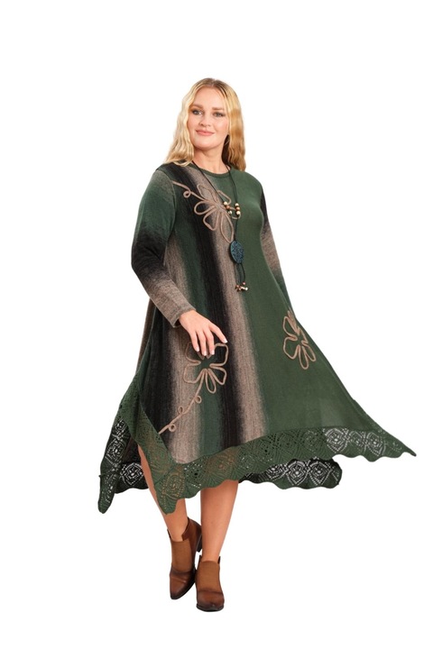 Плетена рокля с асиметрична основа и флорален десен, Зелена бохо шик, Зелен, One Size