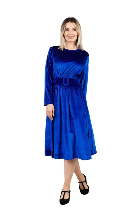 Кралско синя кадифена рокля с колан на талията, Син, One Size