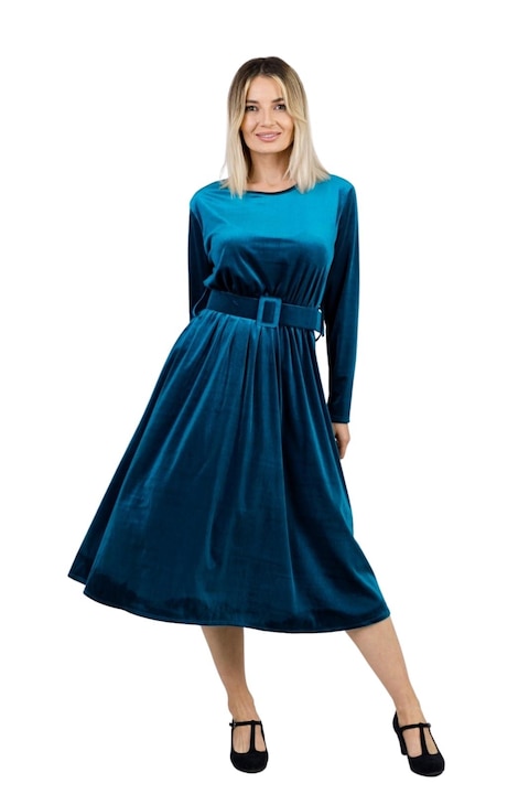 Rochie turcoaz din catifea cu centura in talie, Turcoaz, One Size