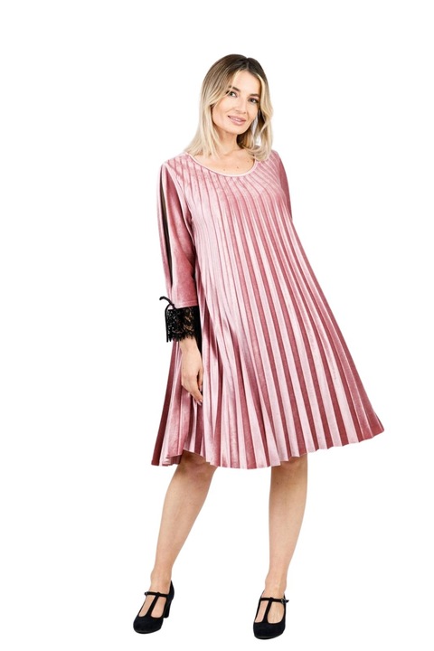 Rochie plisata roz pudrat din catifea cu insertie de dantela, Roz, One Size