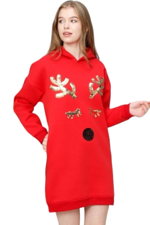 Rochie vatuita sport, StarFashion, stil hanorac, cu gluga, model Craciun, bumbac, rosu, S