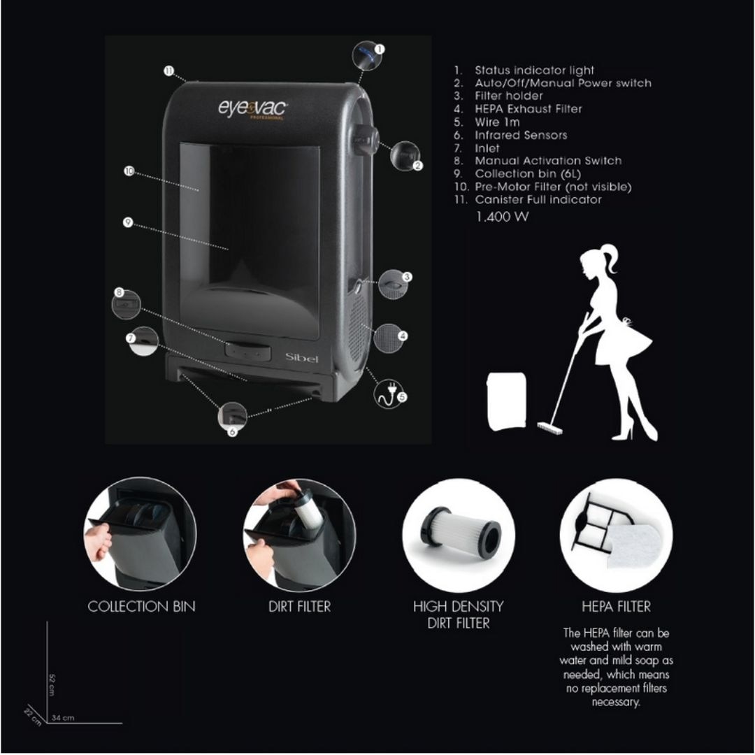 Aspirator pentru salonul de coafura, Sibel, 1400 W, 6 l, Negru